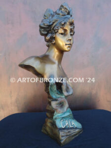 Cala nouveau style bronze bust sculpture of female with Calla Lilly flowers