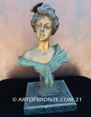 Carmela nouveau style bronze bust sculpture of female after Villanis