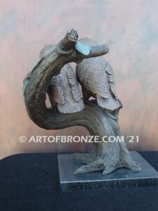 Moonlight Love lost wax bronze statue casting of two owls perched on branch