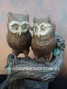 Moonlight Love lost wax bronze statue casting of two owls perched on branch