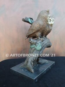 Moonlight Love lost wax bronze statue casting of two owls perched on branch