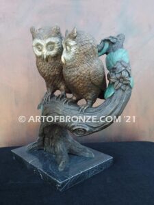 Moonlight Love lost wax bronze statue casting of two owls perched on branch