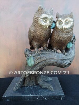 Moonlight Love lost wax bronze statue casting of two owls perched on branch