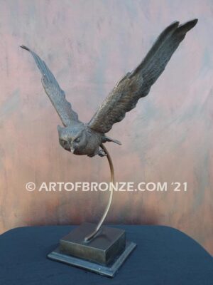 Silent Night lost wax bronze statue casting of owl captured in mid-flight