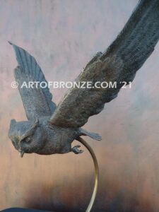 Silent Night lost wax bronze statue casting of owl captured in mid-flight