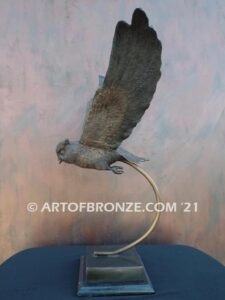 Silent Night lost wax bronze statue casting of owl captured in mid-flight