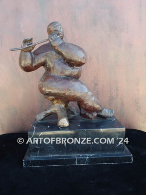 Virtuoso Flute nude male standing and playing the flute bronze sculpture