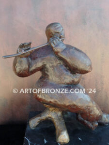 Virtuoso Flute nude male standing and playing the flute bronze sculpture