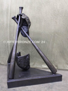 Diamond Legacy bronze sculpture for baseball fans of glove, ball, hat and bats