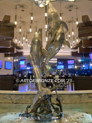 Oceans Joy bronze fine art gallery fountain of three ascending dolphins