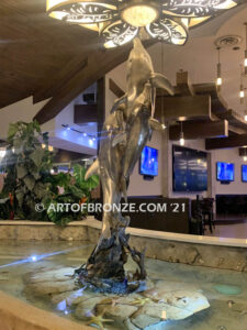 Oceans Joy bronze fine art gallery fountain of three ascending dolphins