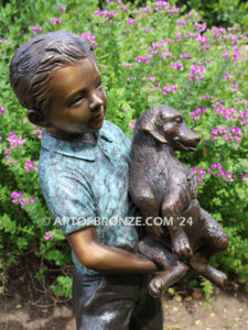 Play with me charming bronze statue of boy playing with puppy dogs