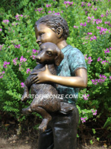 Play with me charming bronze statue of boy playing with puppy dogs