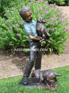 Play with me charming bronze statue of boy playing with puppy dogs