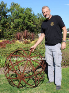 Rustic Sphere outdoor garden globe steel artwork for private or public display