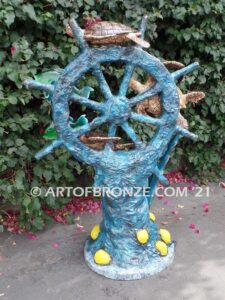 Sunken Treasure bronze ship wheel, coral reef and swimming sea turtles sculpture for home, pool or fountain