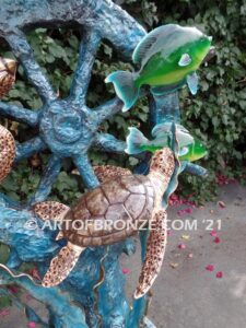 Sunken Treasure bronze ship wheel, coral reef and swimming sea turtles sculpture for home, pool or fountain