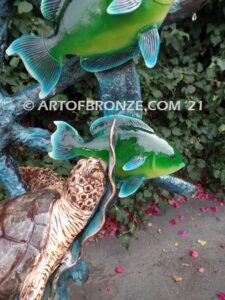 Sunken Treasure bronze ship wheel, coral reef and swimming sea turtles sculpture for home, pool or fountain