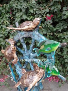 Sunken Treasure bronze ship wheel, coral reef and swimming sea turtles sculpture for home, pool or fountain