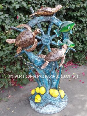 Sunken Treasure bronze ship wheel, coral reef and swimming sea turtles sculpture for home, pool or fountain