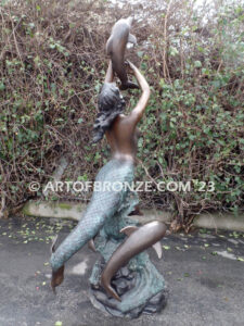 Bronze sea goddess mermaid sculpture with dolphins for pond, pool or aquatic display