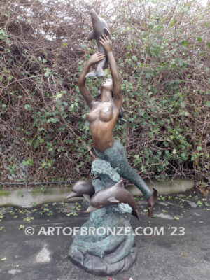 Bronze sea goddess mermaid sculpture with dolphins for pond, pool or aquatic display