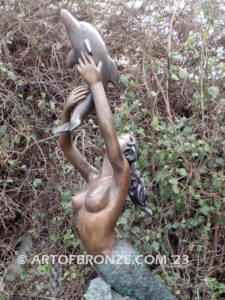 Bronze sea goddess mermaid sculpture with dolphins for pond, pool or aquatic display