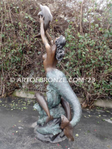 Bronze sea goddess mermaid sculpture with dolphins for pond, pool or aquatic display