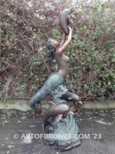 Bronze sea goddess mermaid sculpture with dolphins for pond, pool or aquatic display