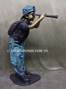 Voyage of Discovery bronze sculpture of young boy looking through telescope