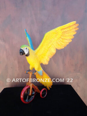 Easy Rider Blue and Gold Macaw riding tricycle bronze statue