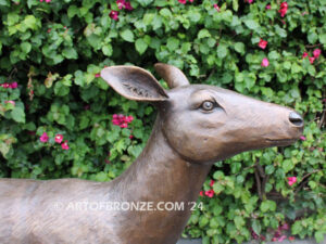 At First light outdoor monumental bronze buck, doe & fawn standing sculptures