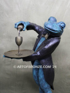 Master Sommelier whimsical 5 ½ ft. tall frog pouring wine bronze statue