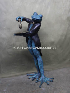 Master Sommelier whimsical 5 ½ ft. tall frog pouring wine bronze statue