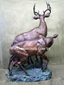 Natures Majesty outdoor monumental bronze buck, doe & fawn standing sculptures