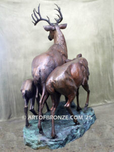 Natures Majesty outdoor monumental bronze buck, doe & fawn standing sculptures