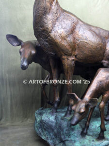 Natures Majesty outdoor monumental bronze buck, doe & fawn standing sculptures