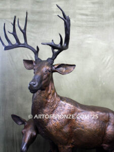 Natures Majesty outdoor monumental bronze buck, doe & fawn standing sculptures