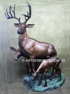 Natures Majesty outdoor monumental bronze buck, doe & fawn standing sculptures