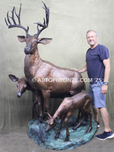 Natures Majesty outdoor monumental bronze buck, doe & fawn standing sculptures