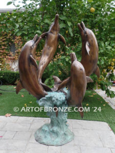 Rising Symphony fine art gallery bronze statue of four leaping dolphins in fountain